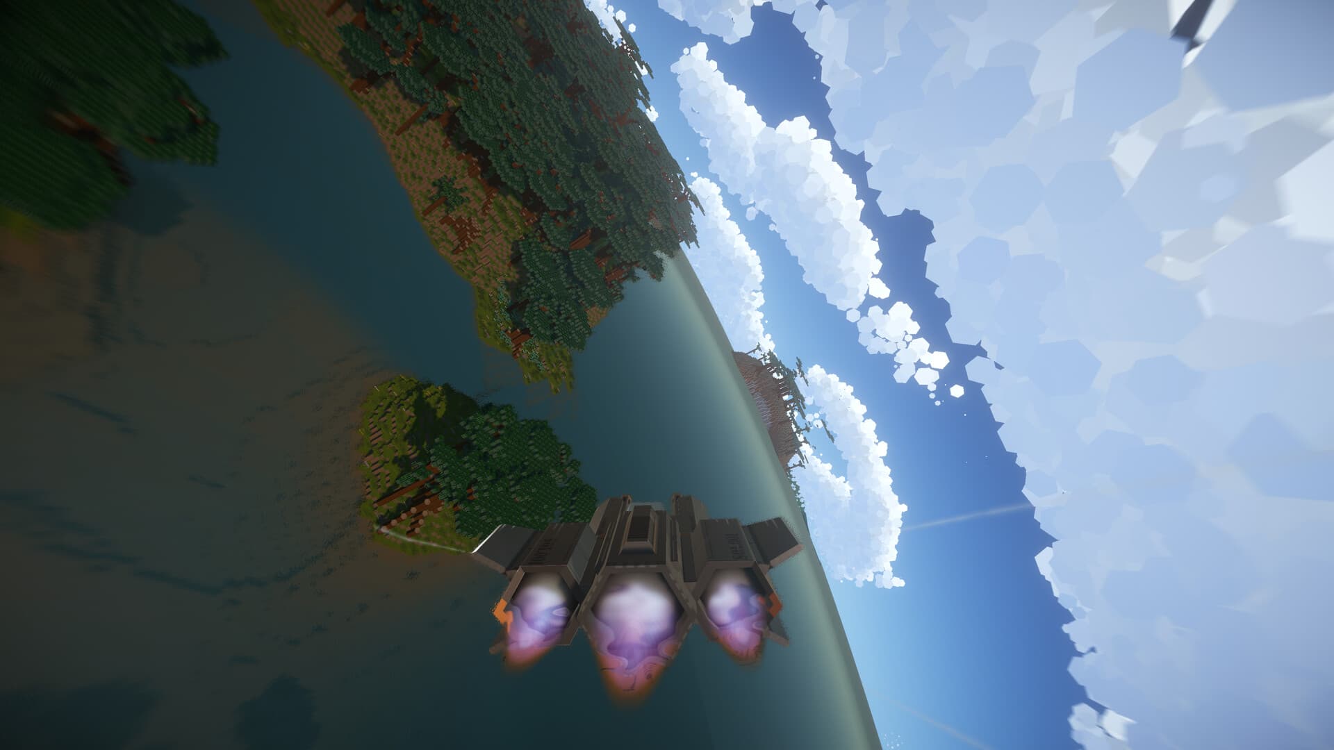 A spaceship flying low over a planet's horizon